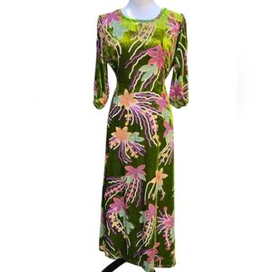 Green Velvet Burn Out Floral Beaded Maxi Dress